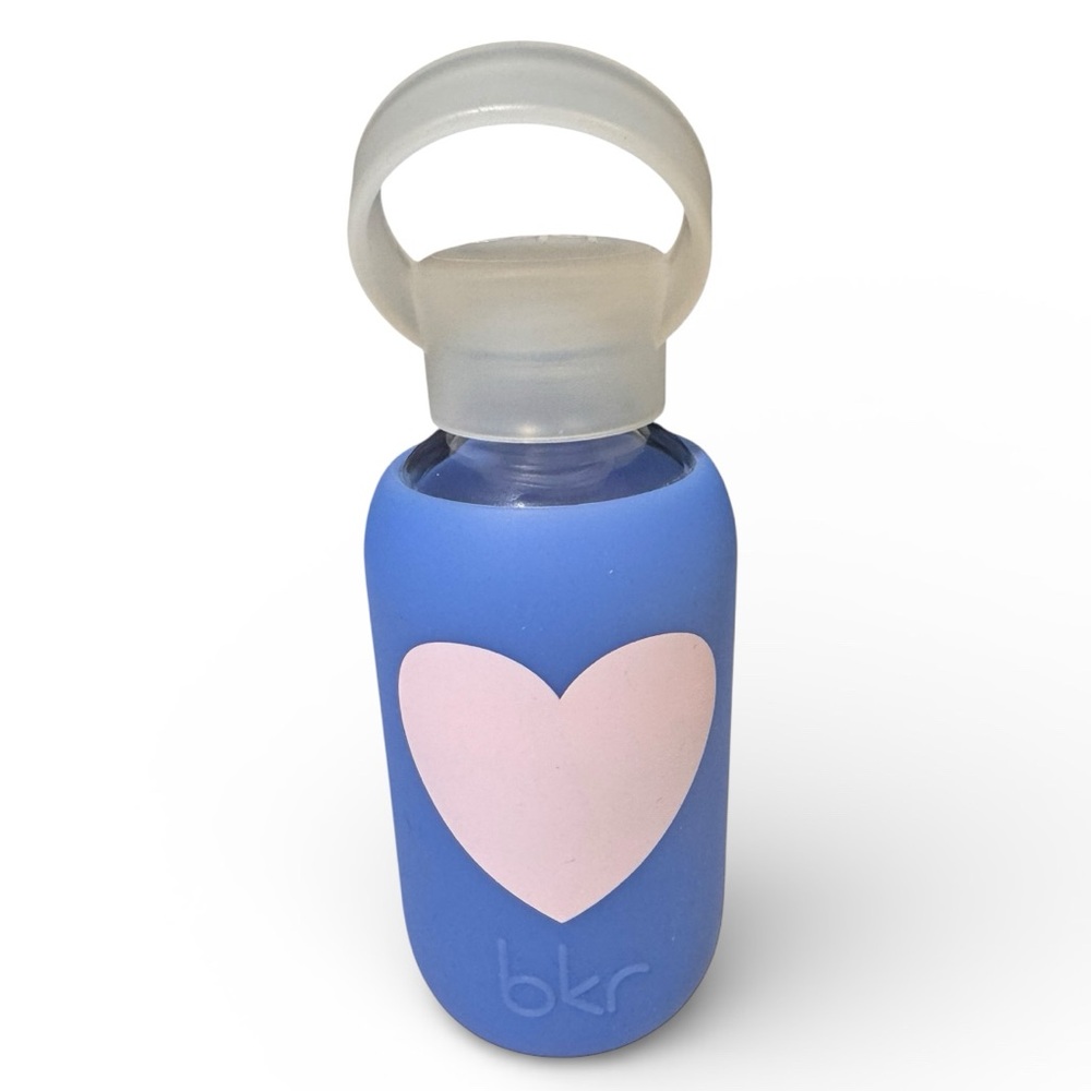 Very collectible bkr bottle - Blue silicone sleeve with Pink Heart Design.